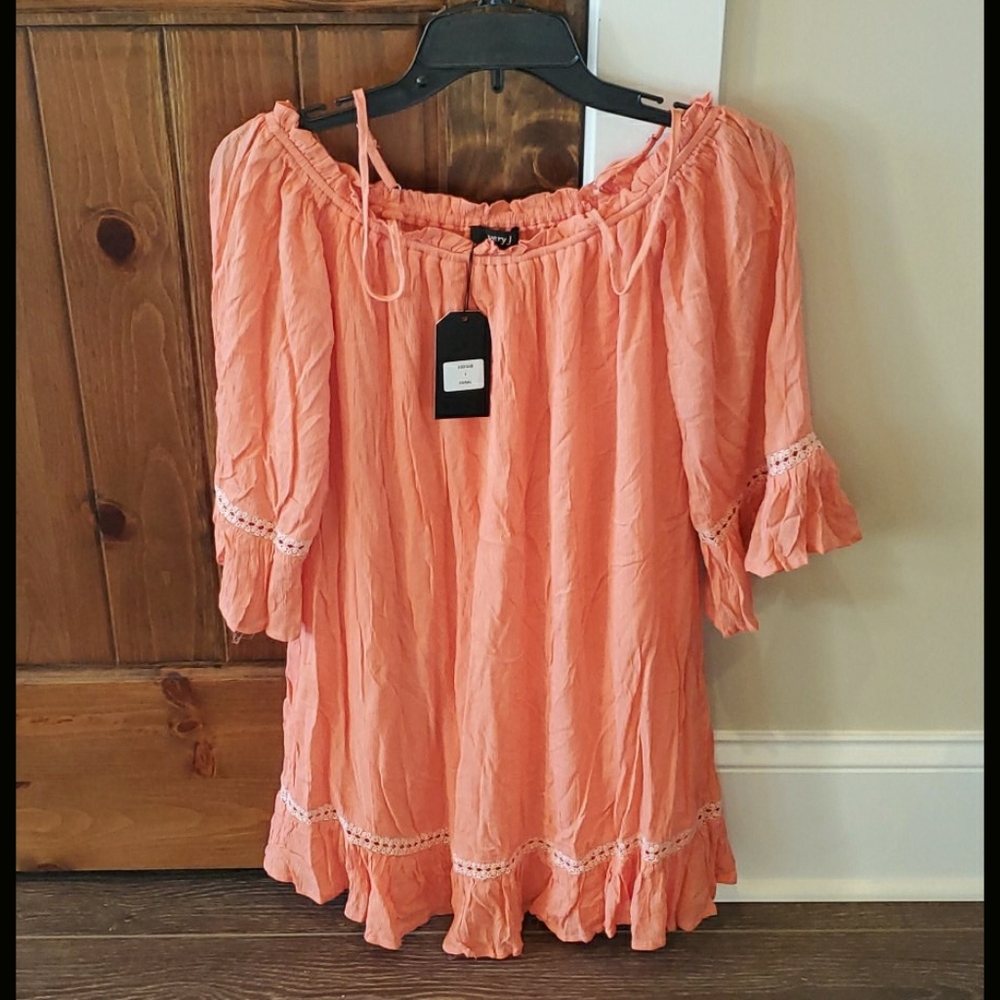NWT S/M Coral Half Sleeve Off the Shoulder Dress